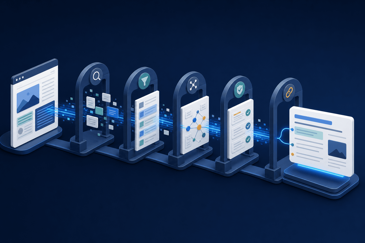 A website passing through connected stages for discovery, retrieval, interpretation, evidence checking, and citation
